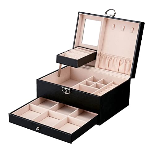 CYYHGD Aufbewahrungsbox Schmuckschatulle Schmuckorganizer Schmuckorganizer Schmuckschatulle 2-lagiger Schmuckaufbewahrungskoffer aus Leder mit Spiegel Ohrring-Ring-Display Geschenk für von CYYHGD