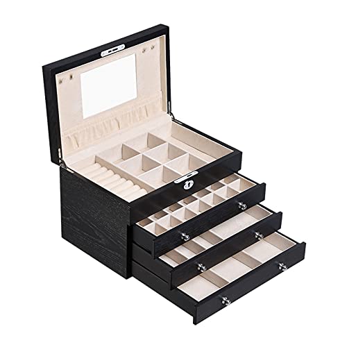 CYYHGD Schmuckschatulle für Damen, groß, verspiegelt, für Uhren, Halsketten, Ringe, Ohrringe, verschließbar, Geschenkbox, Schmuckschatulle aus Holz, Schmuckaufbewahrungsbox (schwarz) von CYYHGD