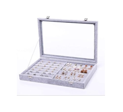 CYYHGD Schmuckschatullen Tablett mit Glasdeckel Grau Schwarz Schmuck Organizer Box Schmuckvitrine für Ohrringe Ringe Halsketten Schmuckzubehör von CYYHGD