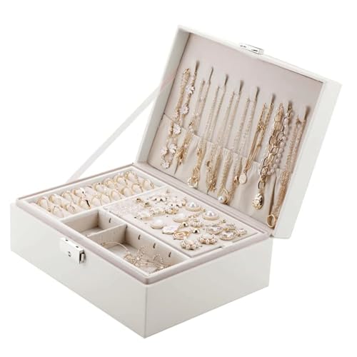 CYYHGD Tragbare Schmuckschatulle mit hoher Kapazität, Leder-Schmucketui, luxuriöse Schmuckaufbewahrungsbox, Ohrring- und Ring-Schmuck-Organizer-Box (weiß 02) von CYYHGD