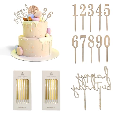 11 Stück Cake Topper Geburtstag Set, 0-9 Holz Kuchendeko Geburtstag, Happy Birthday Tortendeko mit 2 Goldkerzen, Wiederverwendbarcake Tortendeko Geburtstag Geeignet für Geburtstag, Hochzeitsparty von CYZBL