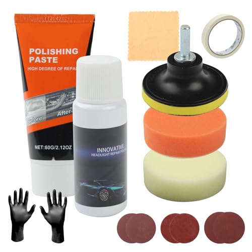 16 Pieses Auto Scheinwerfer Restauration Kit, Auto Scheinwerfer Kratzer Reparatur Werkzeug, Auto Licht Polierpaste Autopflege Reparatur Kit Reiniger mit Gummihandschuhen Luftschleifer Schleifpapier von CYZBL