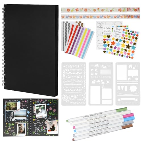 29x21cm Leeren DIY Scrapbook Spiralalbum, 100 Schwarze Seiten Fotoalben, Fotoalbum zum Selbstgestalten und Einkleben, Scrapbooking Set mit Stiften Schablonen Aufkleber Fotoecken für Abschluss Geschenk von CYZBL