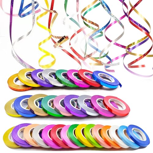 32 Rollen Gekräuselte Ballonschnur, 5mm x 10m Glänzendes Laserband, Glänzendes Laserband in Bunten Farben, Metallisches Ballon Kräuselband, Gekräuseltes Ringelband für Basteln Geburtstags Party Deko von CYZBL