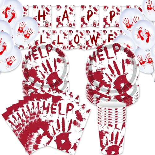 Halloween Partygeschirr Set, 61Stück Halloween Deko Set mit Halloween Horror Blut Handabdruck Luftballons Pappteller Tischdecke Servietten Banner Becher Halloween Party Dekoration für Kinder 10 Gäste von CYZJPRVN