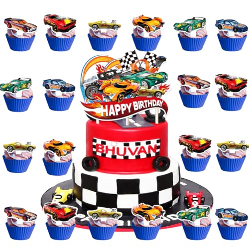 Hot Cars Tortendeko 25 Stück Racing Cars Kuchen Deko, Happy Birthday Tortendeko Kuchenaufsatz Cupcake W-Heels Auto Cake Topper, Muffin Deko Geburtstag Cupcake Toppers Set Kuchen Dekoration für Kinder von CYZJPRVN