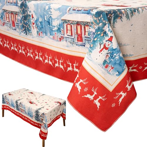 CZL Tischdecke Weihnachten Tischdecke Abwaschbar Weihnachten mit Elch-Motiv Reversible Weihnachts Tischdecke Weihnachtstischdecke Abwaschbar Rote Tischdecke Stoff Christmas Table Cloth-130 x 220CM von CZL