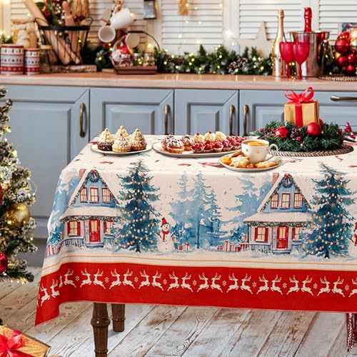 CZL Tischdecke Weihnachten Tischdecke Abwaschbar Weihnachten mit Elch-Motiv Reversible Weihnachts Tischdecke Weihnachtstischdecke Abwaschbar Rote Tischdecke Stoff Christmas Table Cloth-140 x 240CM von CZL