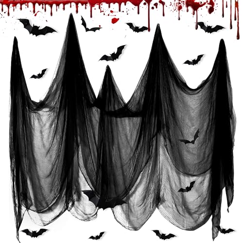 CZMAO Halloween Deko Stoff, Schwarzer Stoff mit 12 Fledermaus Aufkleber, Schwarze Gruselige Stoffe, Schwarzes Spinnennetz Baumwollgarn für Halloween Horror Hängende Halloween-Dekoration (215 * 800CM) von CZMAO