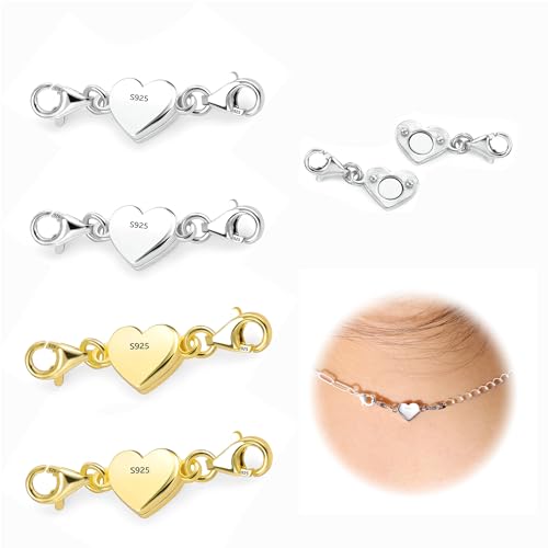 925 Herz Magnetverschluss Kette 4 Stück Gold + Silber Armband Verschluss con Doppelter Karabinerverschluss Anti-Rost Verschlüsse aus Sterlingsilber für Armbänder,Fußkettchen,DIY-Schmuckherstellung von CZlinOduMMX