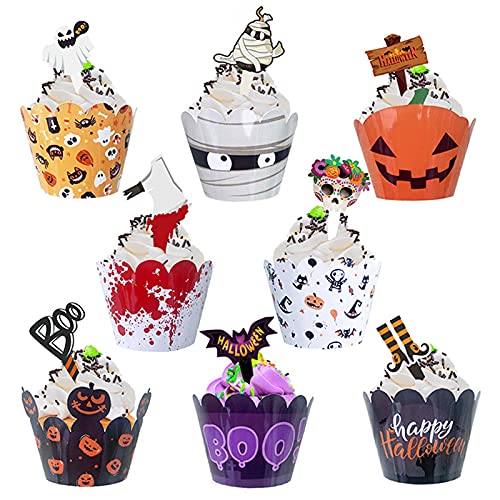 CZolden 48 Stück Halloween Cupcake Toppers Cupcake Wrappers Kit Kuchen Dekoration für Halloween Party Küche Cupcake Backen, 8 Stile, mehrfarbig von CZolden