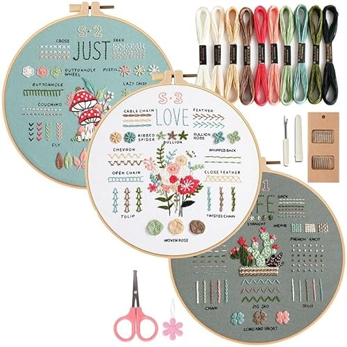 CaFfen Sticken Set 3 Sets Embroidery Kit for Beginners, Embroidery Starter Kit Stitches Practice Kit Stamped Cross Stitch Sets with Tools Embroidery Kit(Set 3,Without Hoop) von CaFfen