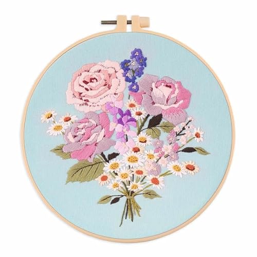 CaFfen Sticken Set Flower Embroidery Starter Kit DIY Cross Stitch Set for Beginner Plant Printed Sewing Art Craft Painting Home Decor Needle Art Embroidery Kit(D 20x20cm,No Hoop) von CaFfen