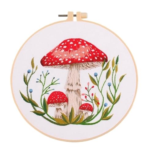 CaFfen Sticken Set Mushroom Embroidery Kit DIY Needlework Happy Needlecraft for Beginner Cross Stitch Artcraft Tools Punch Needle Hoop Ring Embroidery Kit(A 20x20cm,No Hoop) von CaFfen