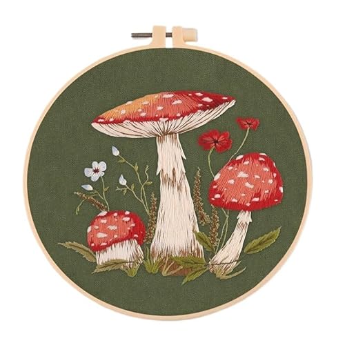 CaFfen Sticken Set Mushroom Embroidery Kit DIY Needlework Happy Needlecraft for Beginner Cross Stitch Artcraft Tools Punch Needle Hoop Ring Embroidery Kit(D 20x20cm,with Hoop) von CaFfen