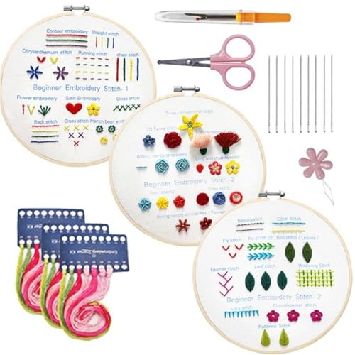 Sticken Set Beginner Embroidery Stitch Practice Kit Cross Stitch Flowers Needle Crafts Embroidery Hoop DIY Handwork Needlework Home Decor Embroidery Kit(B) von CaFfen