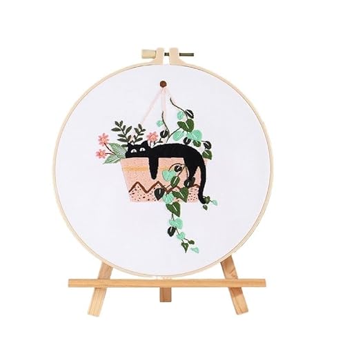 Sticken Set DIY Embroidery Needlework Tools for Beginners Home Sewing HandCrafts Kit Embroidery Set Flowers Plants Cat Pattern Handmade Embroidery Kit(D 20x20cm,No Hoop) von CaFfen