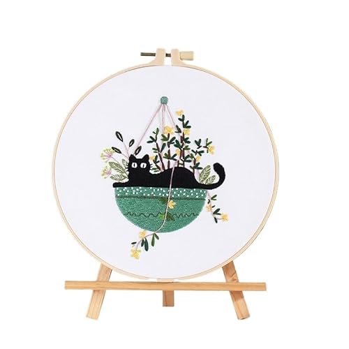 Sticken Set DIY Embroidery Needlework Tools for Beginners Home Sewing HandCrafts Kit Embroidery Set Flowers Plants Cat Pattern Handmade Embroidery Kit(E 20x20cm,with Hoop) von CaFfen