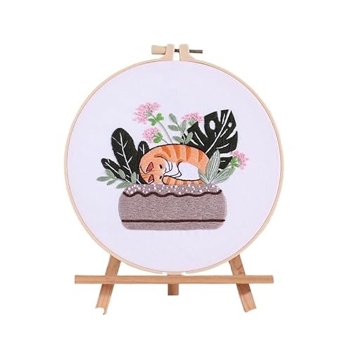 Sticken Set DIY Embroidery Needlework Tools for Beginners Home Sewing HandCrafts Kit Embroidery Set Flowers Plants Cat Pattern Handmade Embroidery Kit(H 20x20cm,No Hoop) von CaFfen