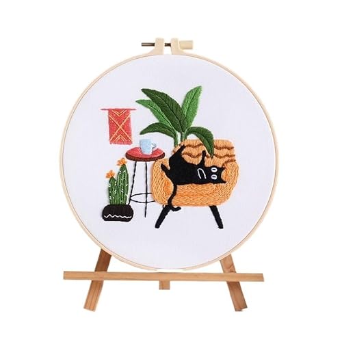 Sticken Set DIY Embroidery Needlework Tools for Beginners Home Sewing HandCrafts Kit Embroidery Set Flowers Plants Cat Pattern Handmade Embroidery Kit(K 20x20cm,No Hoop) von CaFfen