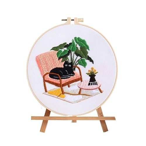 Sticken Set DIY Embroidery Needlework Tools for Beginners Home Sewing HandCrafts Kit Embroidery Set Flowers Plants Cat Pattern Handmade Embroidery Kit(O 20x20cm,No Hoop) von CaFfen