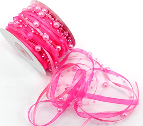 CaPiSo 15m Schleifenband mit Organza und 3 und 8 mm Perlen,Perlenband,Geschenkband,Trendyband,Perlen am Band (Rosa) von CaPiSo