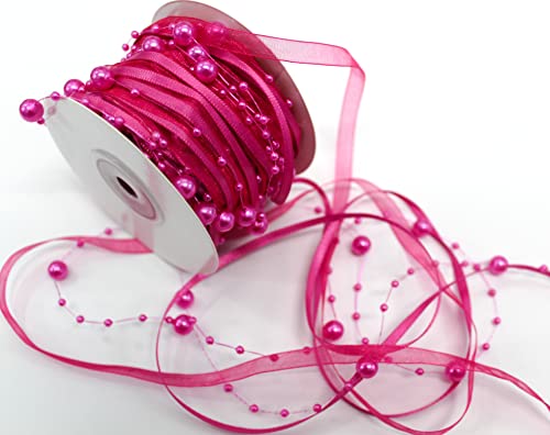 CaPiSo 15m Schleifenband mit Organza und 3 und 8 mm Perlen Perlenband Geschenkband Trendyband Perlen am Band (Pink) von CaPiSo