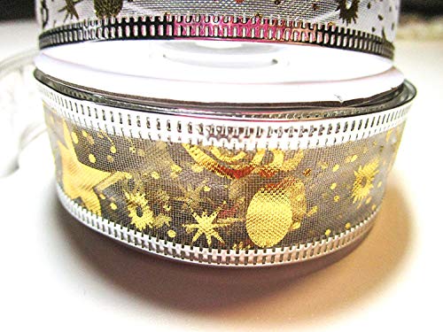 CaPiSo 20m Weihnachtsband Draht Schleifenband Geschenkband mit Sternen Glitzer Adventskranz Dekoartion Advent Weihnachten (25mm Kleine Sterne Goldsilber) von CaPiSo