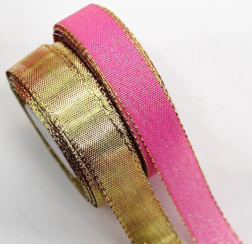 CaPiSo Metallic 2x je 10m Länge 15mm Breite Glitter Lammeeband feines Lurexband mehrfarbig Lammee Dekoband Geschenkband Glitzerband Gold Glatt-Rosa von CaPiSo
