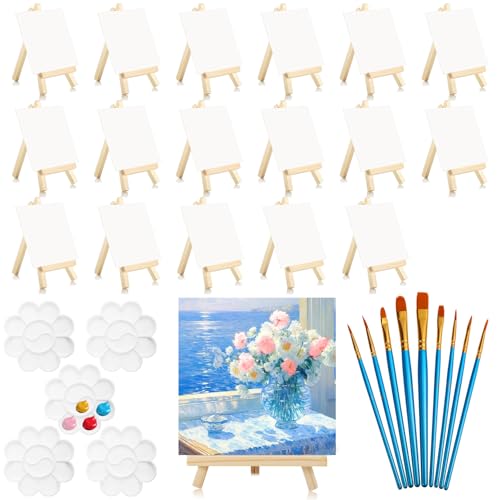 Cabaubl Mini-Leinwand und Staffelei-Set, 10,2 x 10,2 cm, Mini-Malleinwand mit Staffelei, Kunst-Leinwand mit 10 Pinseln und 5 Paletten, kleine Leinwände für Kinder, Acryl, Öl, Wasserfarbe, Geschenk, 20 von Cabaubl