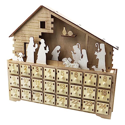 Cabilock 1Stk Kalender aus Holz Adventskalender Jutesäckchen Krippenkulisse Weihnachtslaternen Heimbüro led licht fernbedienung led-light kreativer Kalender Kalender hölzern von Cabilock