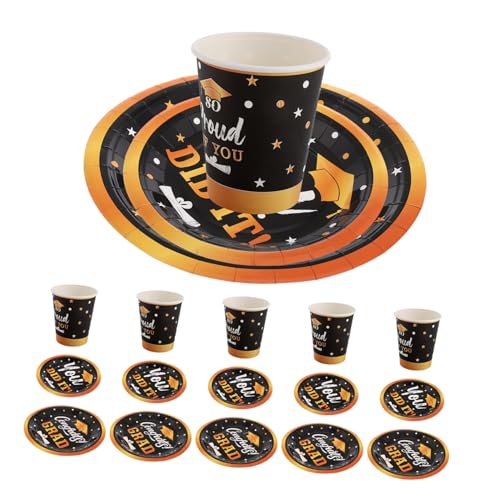 Cabilock 30 Stück Abschlusspapierbecher und Tablettset Diplom - Geschirr Absolventenpapierplatten Party dekorative Pappteller Grad Geschirr Abschluss Pappbecher Party - Pappteller Black von Cabilock