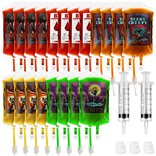 20Stück Halloween Blutbeutel für Getränke: 250 ml Wiederverwendbare Halloween Blutbeutel Trinkbeutel Getränkebeutel, Saftbehälter, IV-Beutel-Set mit Clips für Maskerade, Vampir, Zombie von Cabilock