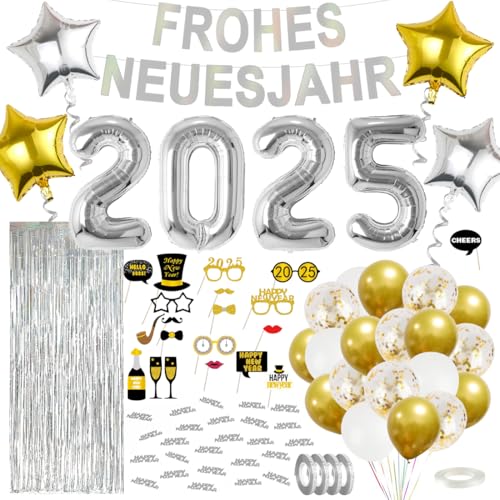 Cadimus Silvester Deko 2025，2025 Neujahrsballons Silber, Frohes Neues Jahr Ballonset, Silvester Party Set,Silvester Konfetti+Foto Requisiten Neujahr+Lametta-Vorhang, Luftschlangen von Cadimus