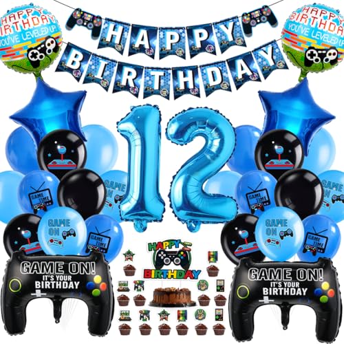 Cadimus Videospiel Geburtstag Deko,Gaming Luftballons 12,Ballons Deko 12 Jahre Junge,Geburtstag 12. Spielthemen Party,XXL Gaming Controller Folienballons,Luftballons Spiel Blau Schwarz von Cadimus