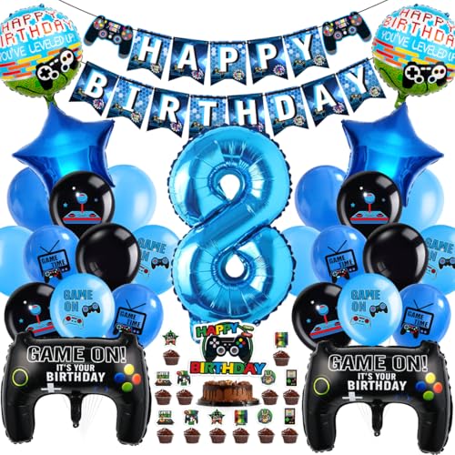 Cadimus Videospiel Geburtstag Deko,Gaming Luftballons 8,Ballons Deko 8 Jahre Junge,Geburtstag 8. Spielthemen Party,XXL Gaming Controller Folienballons,Luftballons Spiel Blau Schwarz von Cadimus