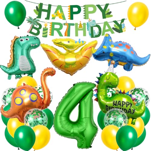 Dino Geburtstag Deko 4 Jahre, XXL Dinosaurier Deko Kindergeburtstag, Geburtstagsdeko Jungen 4 Jahre, Folienballon Dino 4 mit Happy Birthday Banner für Dinosaurier Party Kindergeburtstag von Cadimus