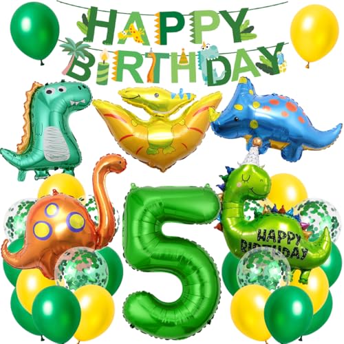 Dino Geburtstag Deko 5 Jahre, XXL Dinosaurier Deko Kindergeburtstag, Geburtstagsdeko Jungen 5 Jahre, Folienballon Dino 5 mit Happy Birthday Banner für Dinosaurier Party Kindergeburtstag von Cadimus