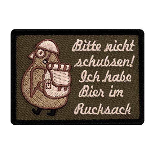 Café Viereck ® Bitte Nicht Schubsen Ich Habe Bier im Rucksack - Fun Patch mit Klett Pinguin mit Helm und Stiefeln - 7 cm x 5 cm von Café Viereck