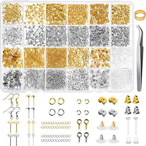 Caffox 2900-teiliges Ohrring-Zubehör-Set, teile mit Ohrringhaken, Steckern und Biegeringe zur Herstellung von Ohrringen, Ohrsteckern und Schmuckherstellung (Silber und Gold) von Caffox