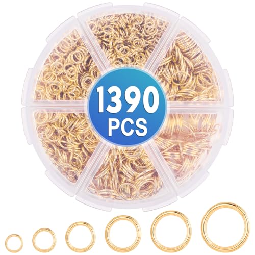 1390 Stück Biegeringe Kit, 6 Größen Jump Rings Gold Spaltringe Metall kettenring Offene Schmuckherstellung Ringe für Schmuck machen Armband Halskette Charms Reparatur (4mm 5mm 6mm 7mm 8mm 10mm) von Caianwin