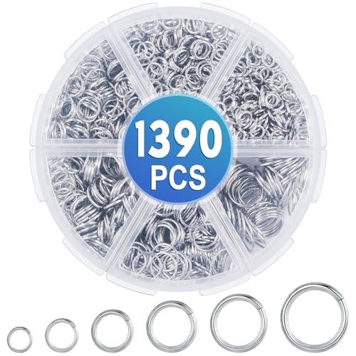 1390 Stück Biegeringe Kit, 6 Größen Jump Rings Silber Spaltringe Metall kettenring Offene Schmuckherstellung Ringe für Schmuck machen Armband Halskette Charms Reparatur (4mm 5mm 6mm 7mm 8mm 10mm) von Caianwin