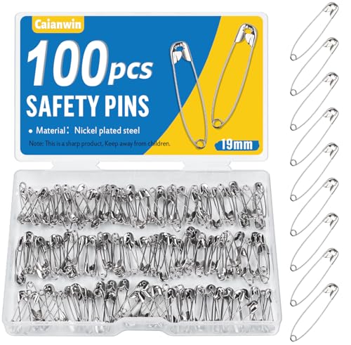 Caianwin 100 Stück Sicherheitsnadeln 19 mm Sicherheitsnadel klein mit Praktischer Box Safety Pins für Befestigen und Nähen von Kleidung und Handarbeiten, Schmuckherstellung von Caianwin