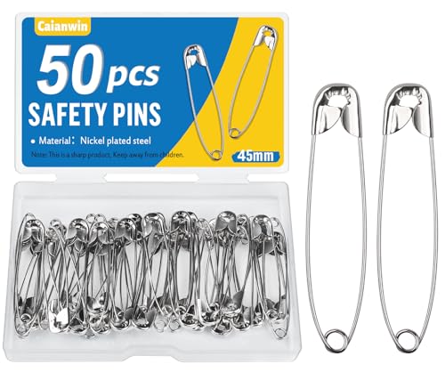 Caianwin 50 Stück Sicherheitsnadeln 45 mm Sicherheitsnadel groß mit Praktischer Box Safety Pins für Befestigen und Nähen von Kleidung und Handarbeiten, Schmuckherstellung von Caianwin