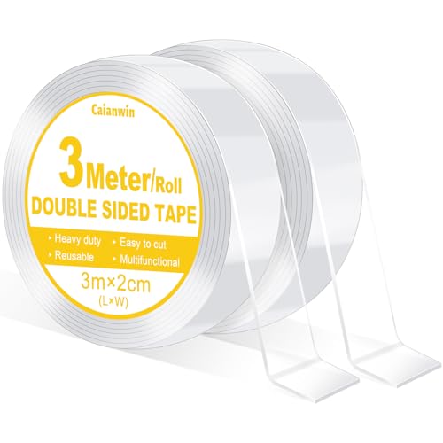 Caianwin Doppelseitiges Klebeband Extra Stark 2cm*6 Meter/2 Rollen Double Sided Tape Transparent Nano Tape Ablösbar Doppelseitig Klebeband für Teppich,Zuhause,Auto oder Outdoor von Caianwin