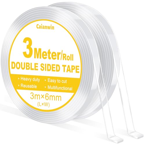 Caianwin Doppelseitiges Klebeband Extra Stark Mini breites 0,6cm*6 Meter/2 Rollen Double Sided Tape Transparent Nano Tape Ablösbar Doppelseitig Klebeband für Teppich,Zuhause,Auto oder Outdoor von Caianwin