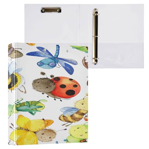 Ordner mit drei Ringen, 3,8 cm, mit Klemmbrett, 1/2 Packungen, Ordner für die Schule, Hardcover, Cartoon-Insekten, Muster, Aquarell, Käfer von Caihoyu