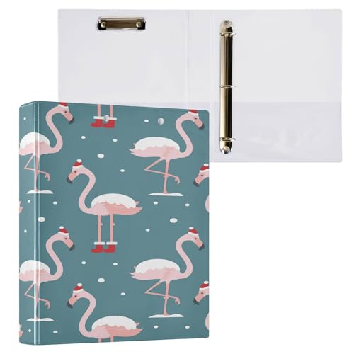 Runde Ringbücher 3,8 cm Ordner mit Klemmbrett, 1/2 Stück Ordner für die Schule, Hardcover, eleganter Flamingo mit Weihnachtsmütze von Caihoyu