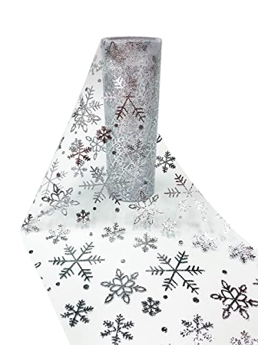 CaiiBtntgb Schneeflocke Tüll Rolle Organza DIY Handwerk Kinder Ballett Kleid Baby Dusche Party Zubehör Festliche Dekoration 15cm x 9,14m (Silberne Schneeflocken,weiß) von CaiiBtntgb