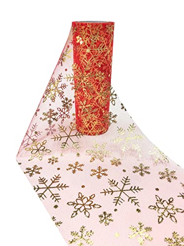 CaiiBtntgb Schneeflocke Tüll Rolle Organza DIY Handwerk Kinder Ballett Kleid Baby Dusche Party Zubehör Festliche Dekoration 15cm x 9,14m (Goldene Schneeflocken,Rot) von CaiiBtntgb